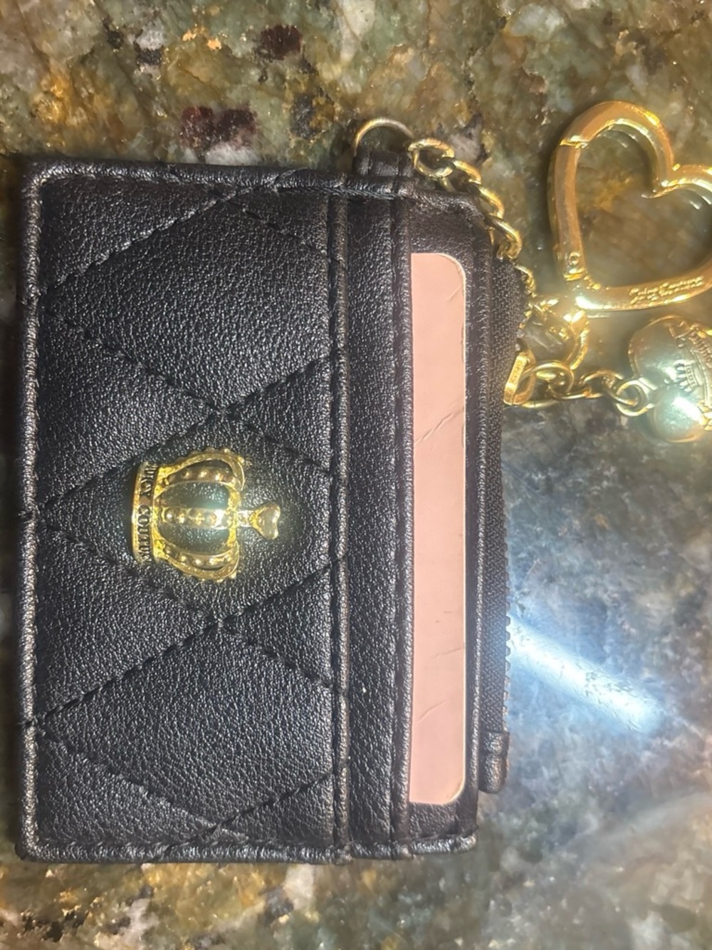 Juicy Couture Black Quilted Card & Key Holder with Gold Crown Charm